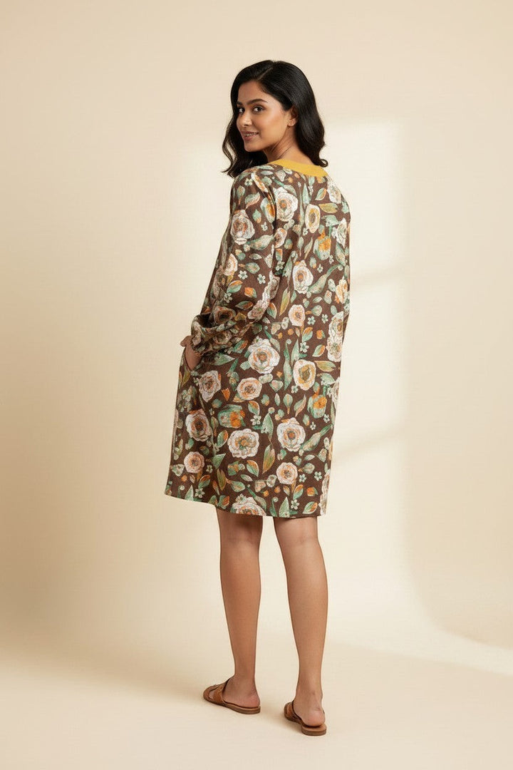 Errabelly brown floral print cotton mini dress with V-neck, contrast trim, balloon sleeves, and pockets.