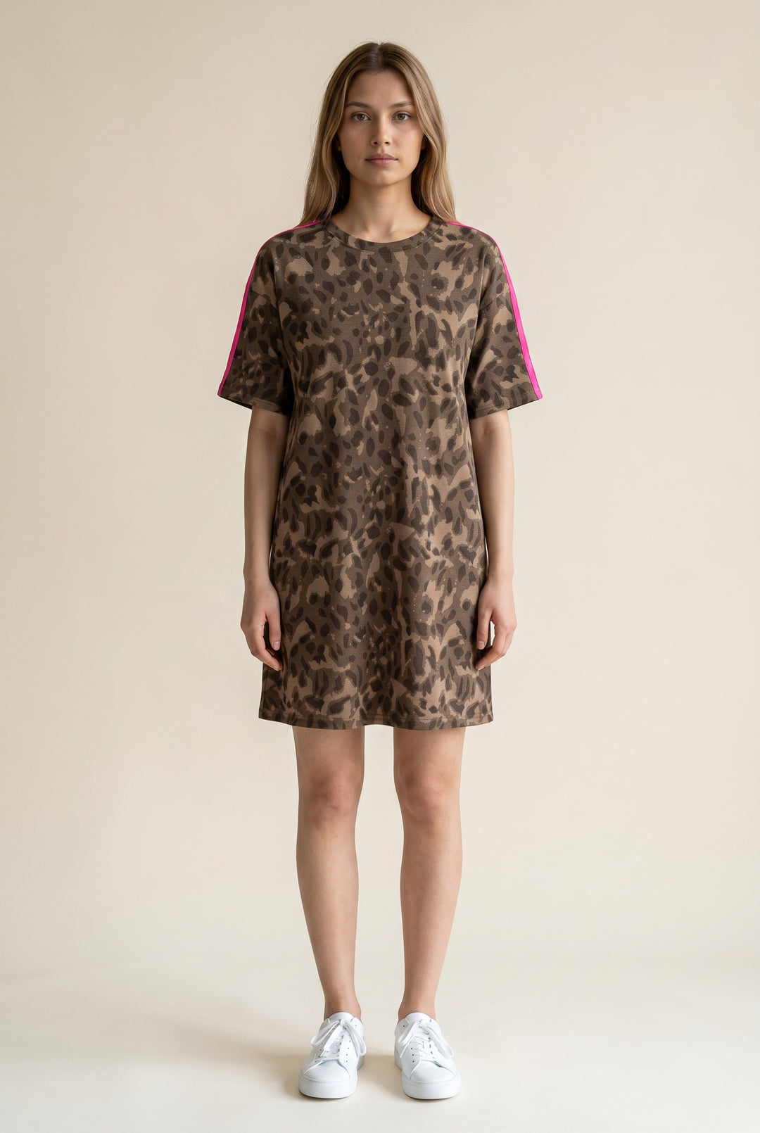 Errabelly brown leopard print t-shirt mini dress with pink contrast stripes on sleeves and pockets.