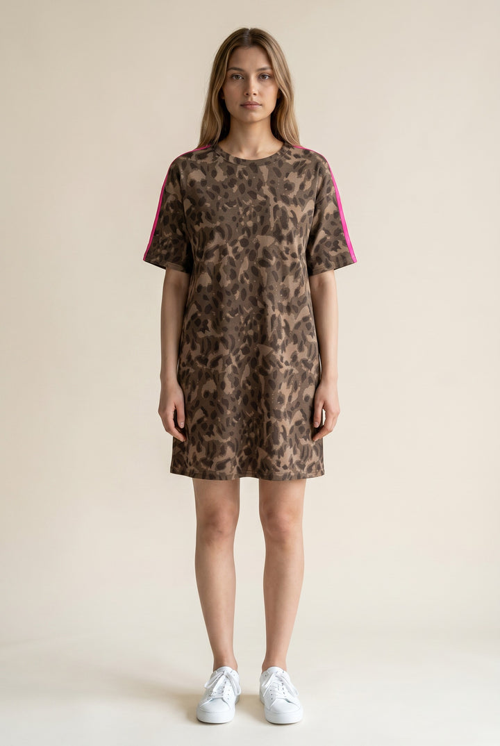Errabelly brown leopard print t-shirt mini dress with pink contrast stripes on sleeves and pockets.