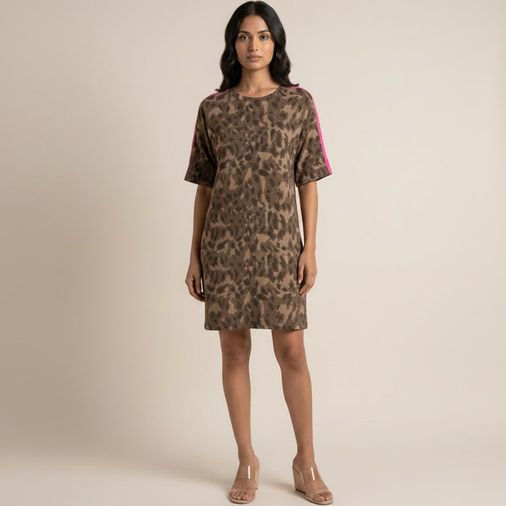 Errabelly brown leopard print t-shirt dress with pink striped sleeves and side pockets. Casual midi dress.