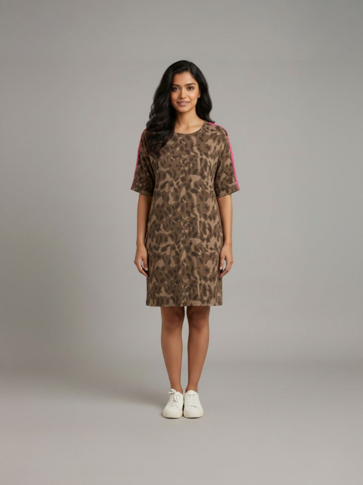 Errabelly brown leopard print t-shirt dress with pink striped sleeves and pockets. Midi length, crew neck, short sleeves.