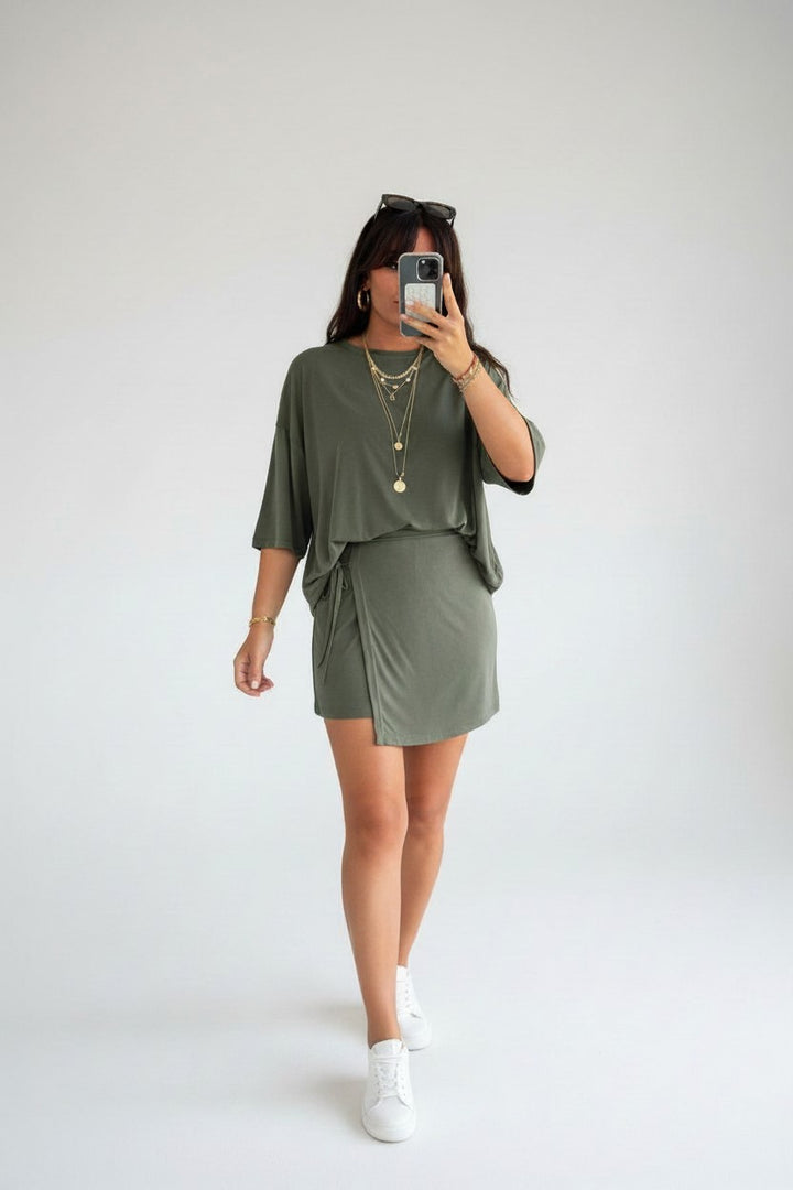 Errabelly olive green oversized tee and wrap tie mini skort set made of soft jersey fabric.