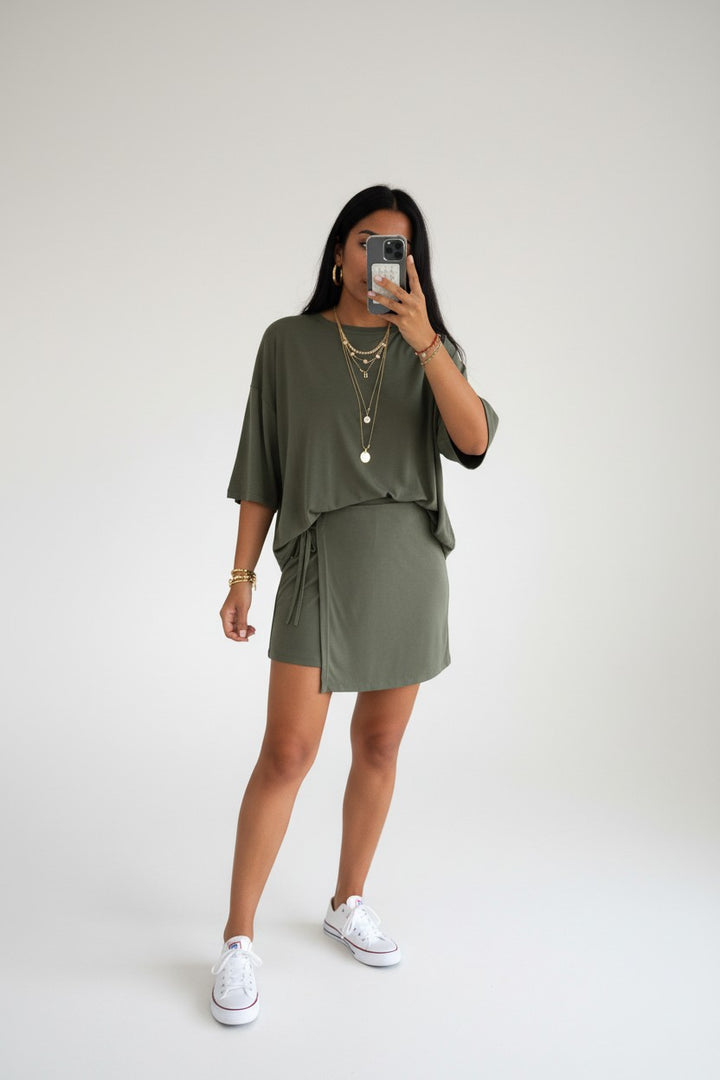 Errabelly olive green jersey oversized tee and tie-wrap mini skort set. Casual outfit.