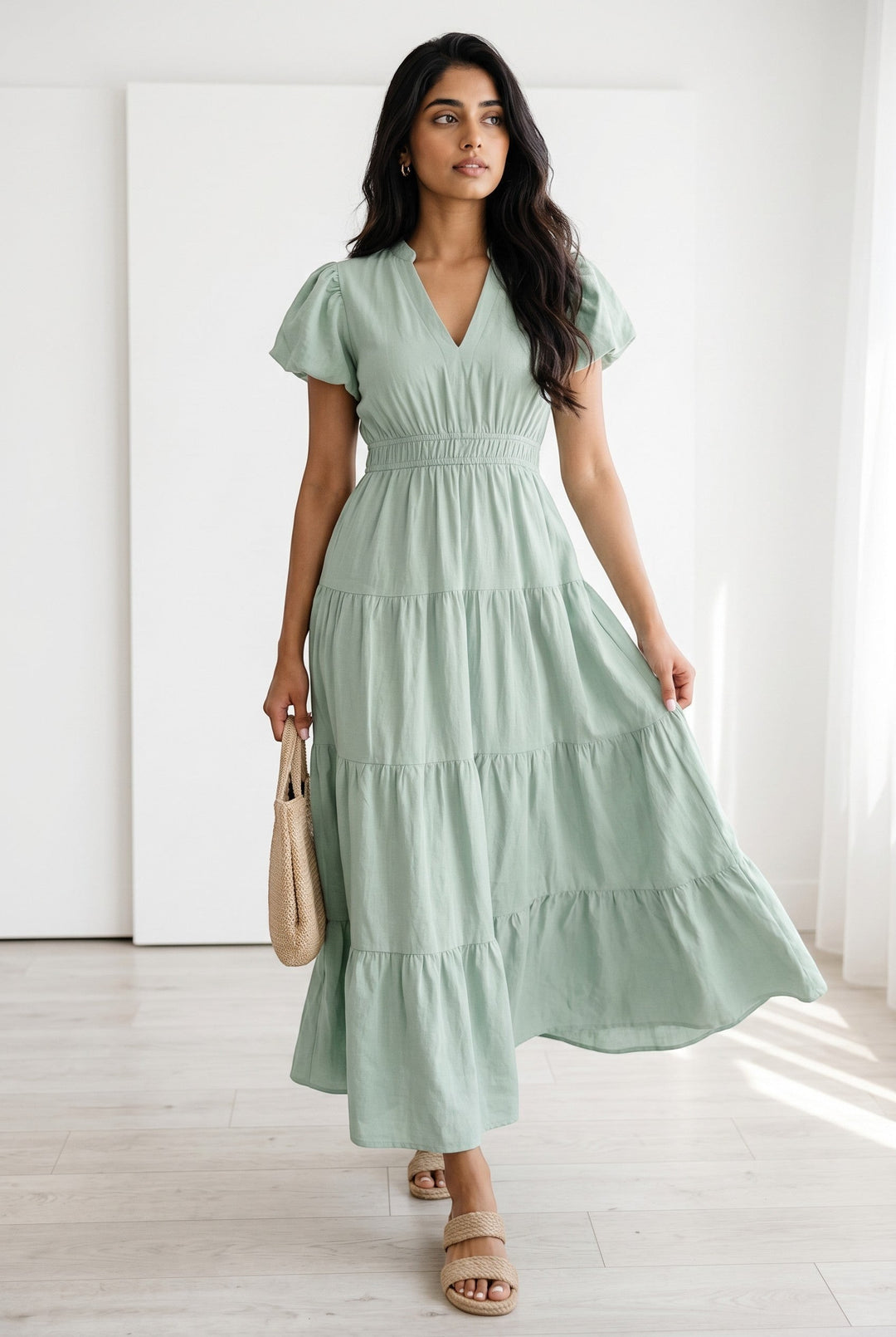 Errabelly light green V-neck puff sleeve tiered maxi dress with a high waist and flowing skirt.