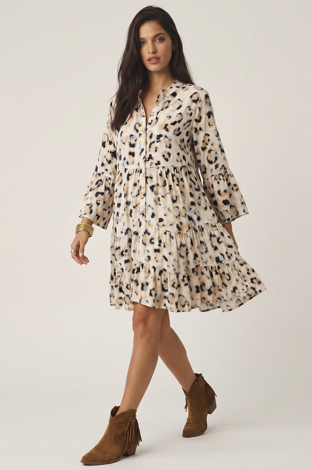 Errabelly khaki leopard print button-front dress with 3/4 sleeves and tiered ruffled hem.