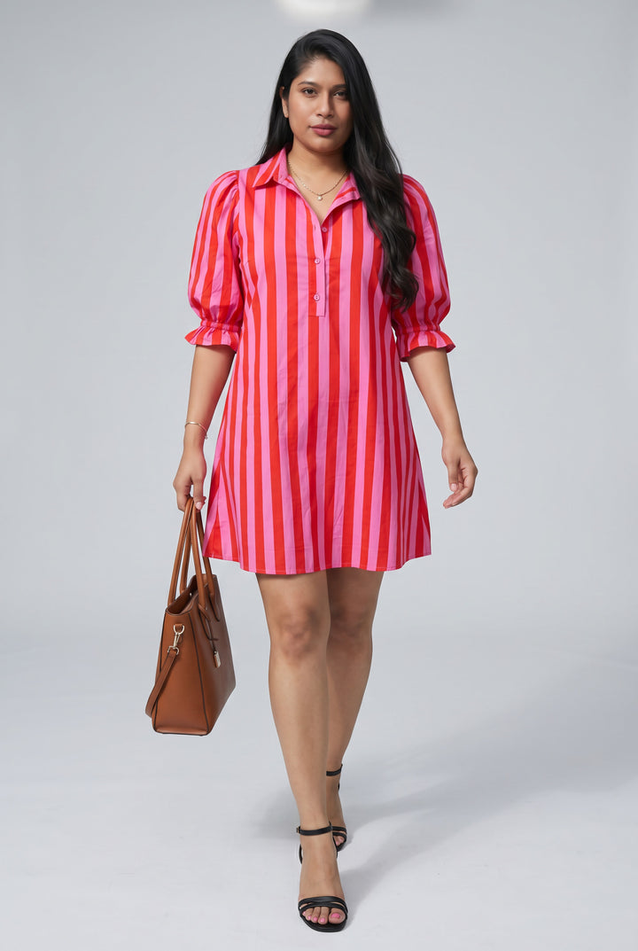 Errabelly red and pink striped mini dress with puff sleeves and half button neckline. Loose fit, casual style.