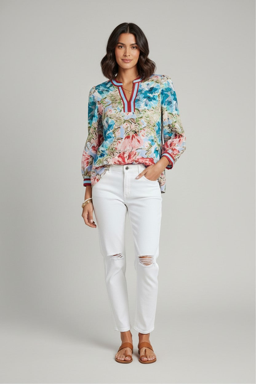Errabelly sky blue floral blouse with V-neck, contrast trim, and cuffed bracelet sleeves. Lightweight and breathable.