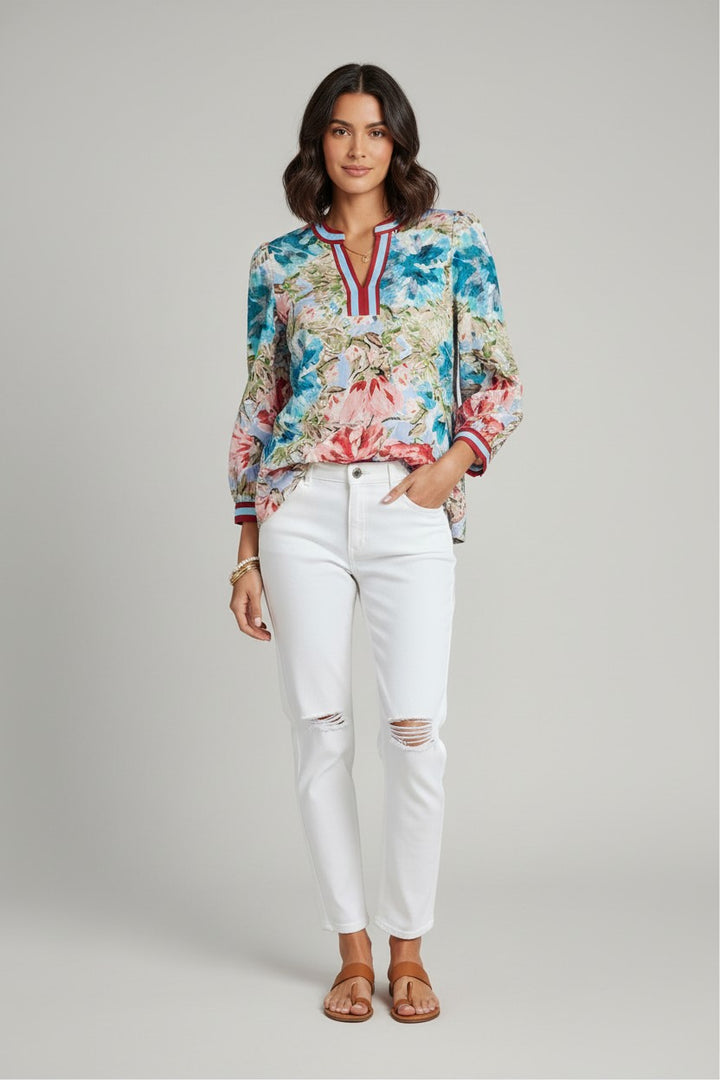 Errabelly sky blue floral blouse with V-neck, contrast trim, and cuffed bracelet sleeves. Lightweight and breathable.