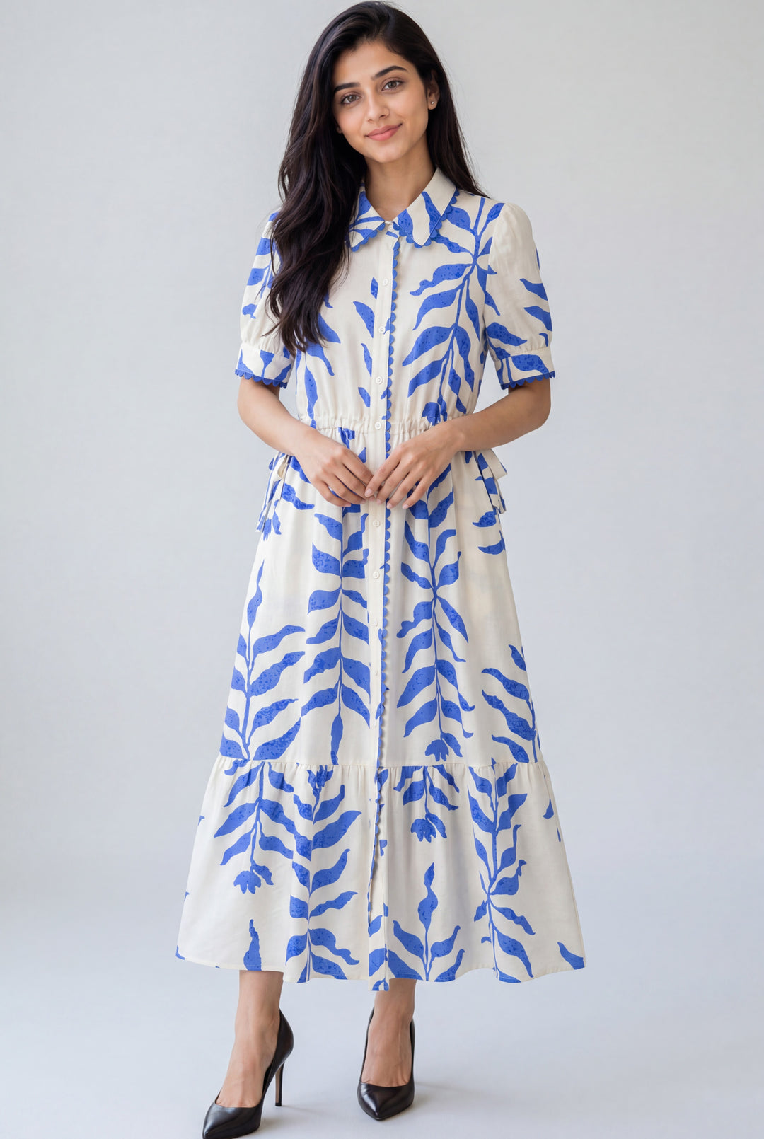 Errabelly sky blue and white leafy botanical print maxi dress with short puff sleeves and side ties.