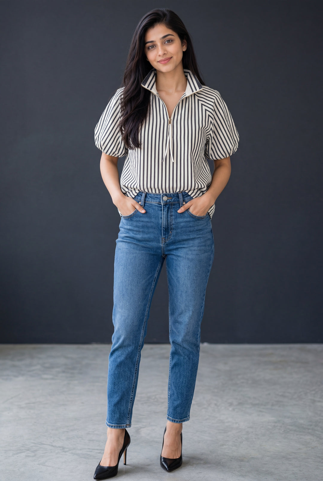 Errabelly black and white striped polo collar half zip blouse with short puff sleeves.