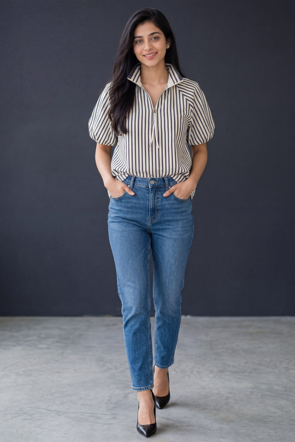 Errabelly black and white striped polo collar half zip blouse with short puff sleeves