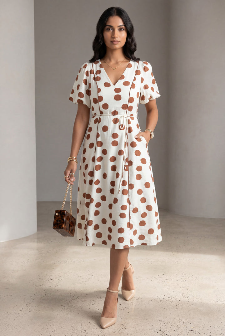 Errabelly white midi dress with brown polka dots, V-neck, short sleeves, and tie waist. Breezy fabric, perfect for casual wear.