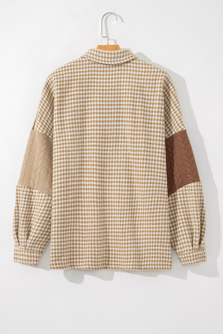Khaki Houndstooth Color Contrast Textured Patchwork Loose Shacket