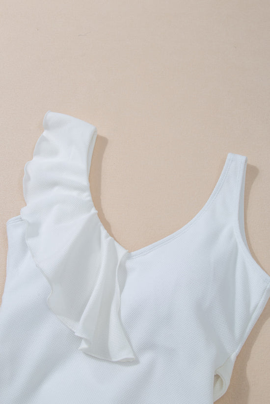 White Asymmetric Ruffle Trim Tie Waist One Piece Swimsuit