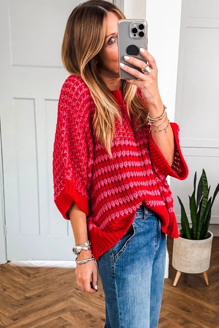 Red Stripe 3/4 Draped Sleeve Slouchy Sweater