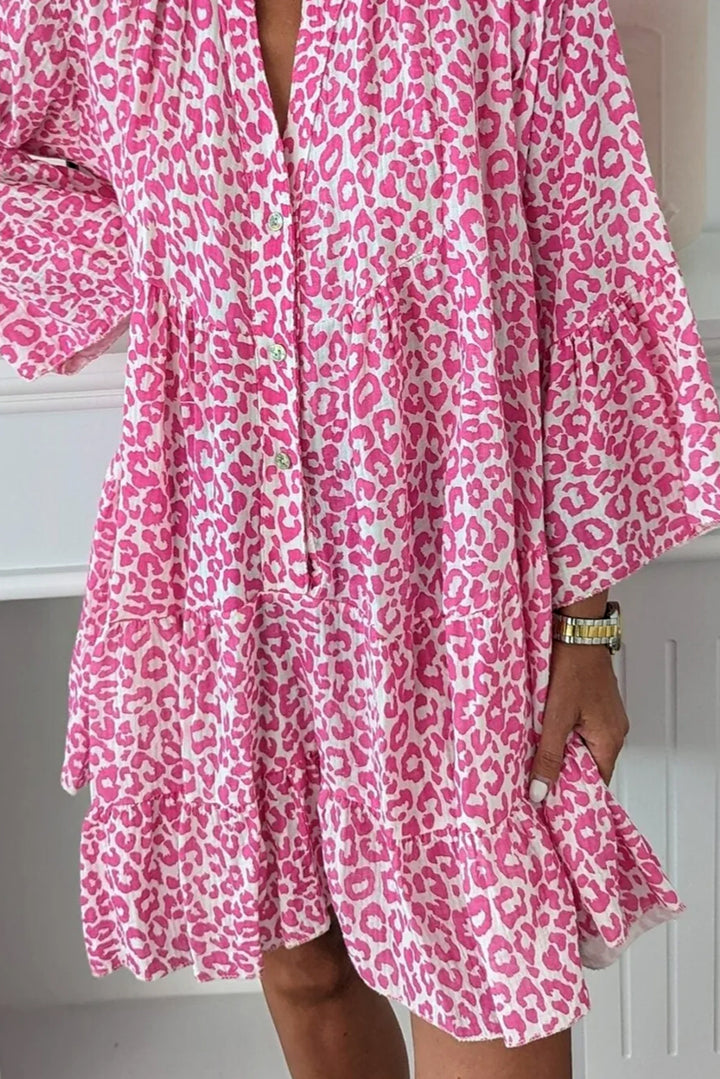 Bright Pink Leopard Printed Long Sleeve Buttoned Front Mini Dress