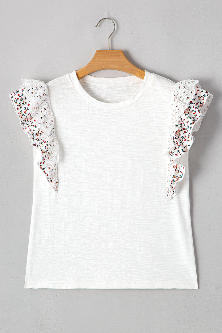 White Floral Lace Eyelet Patched Butterfly Sleeve Blouse