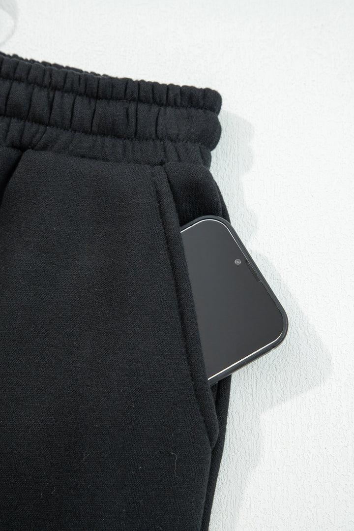 Black Fleece Lined Leopard Drawstring Elastic Waist Solid Pants