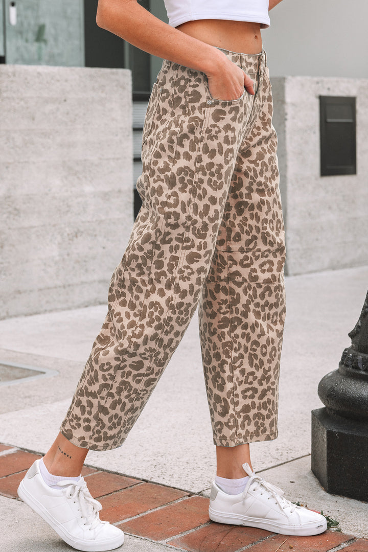 Sky Blue Leopard Print Barrel Leg Jeans