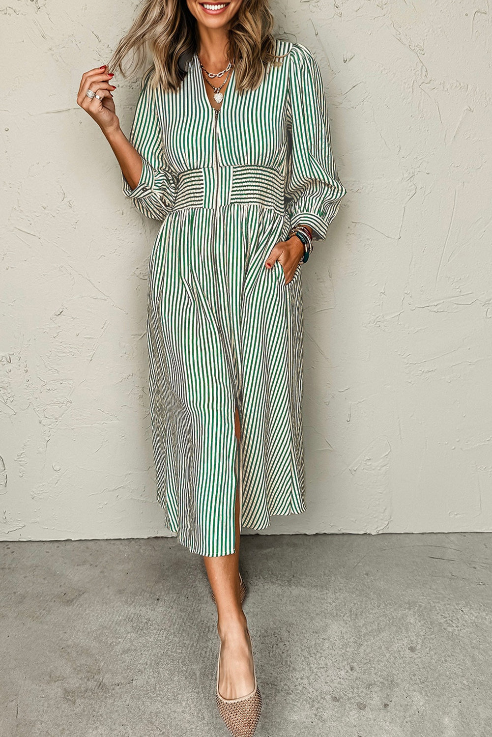 Green Stripe V Neck Zip Front Cinched High Waist Midi Dress
