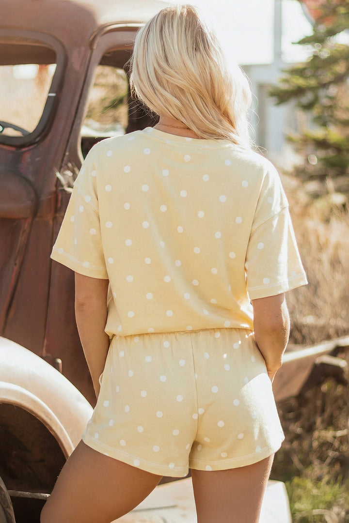 Yellow Exposed Seam Detail Polka Dot Loose Tee Drawstring Shorts Set