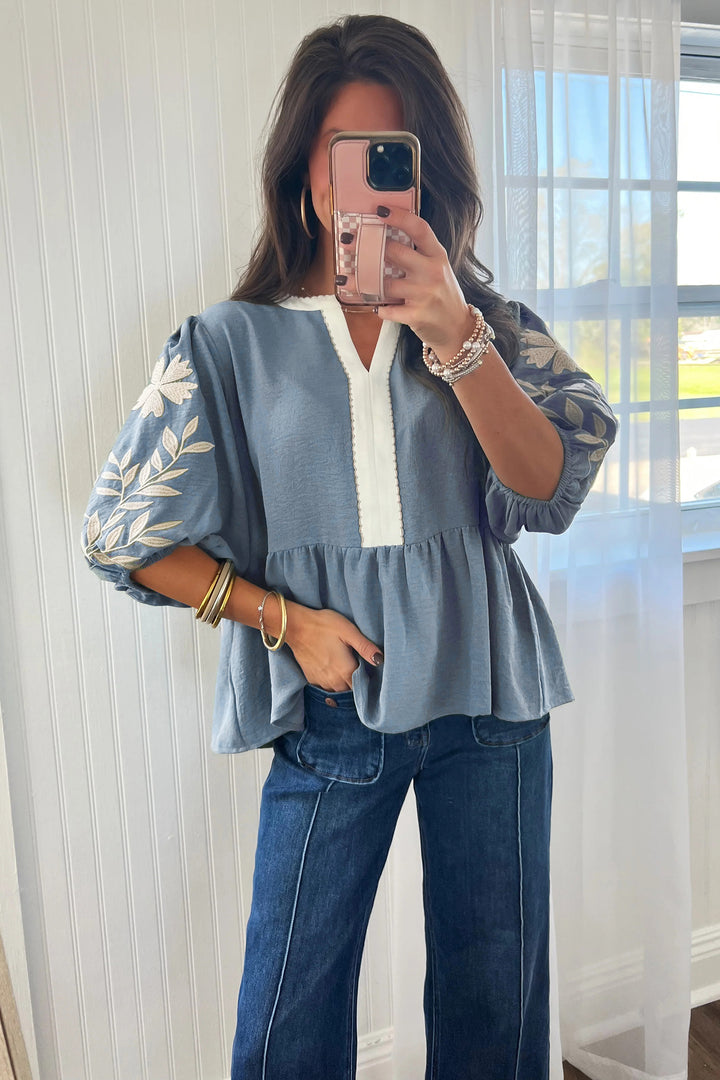 Myosotis Color Block Patchwork V Neck Embroidered Puff Sleeve Babydoll Blouse