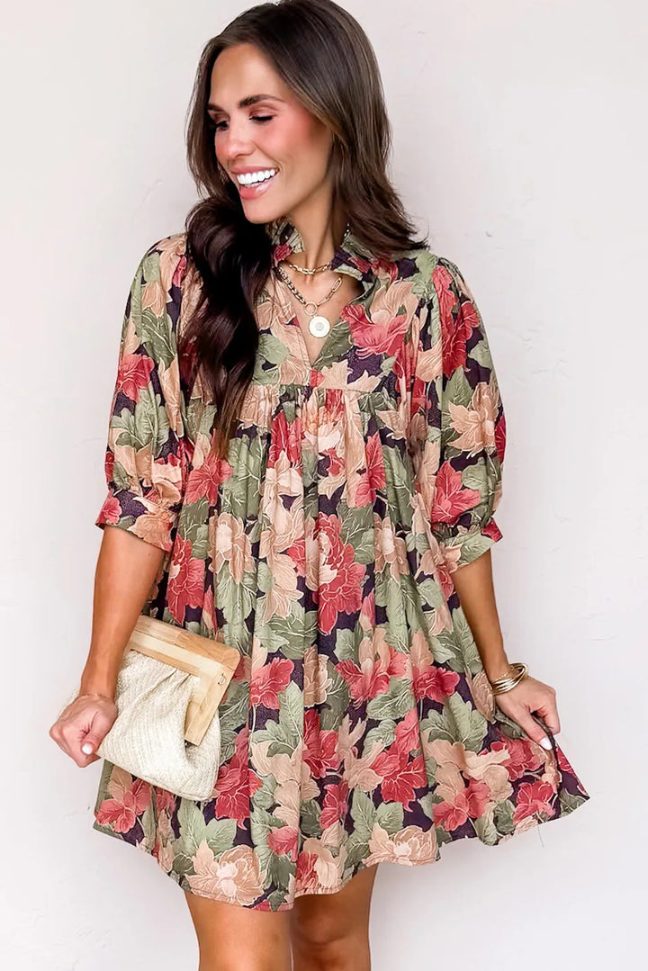 Green Floral Print Frilled Collar V Neck Half Sleeve Mini Dress