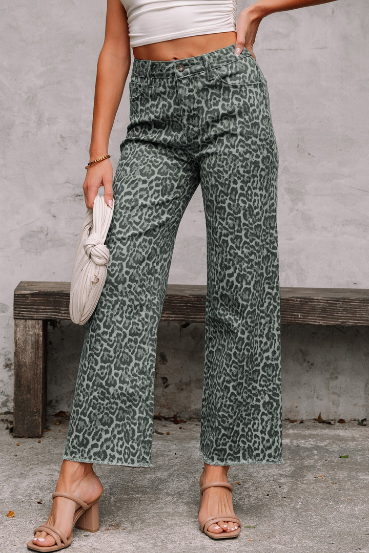 Brown Leopard Frayed Edge Wide Leg High Waist Jeans