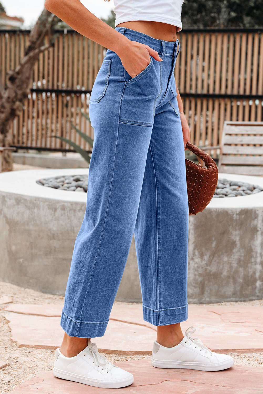 Sky Blue Cropped High Rise Wide Leg Jeans