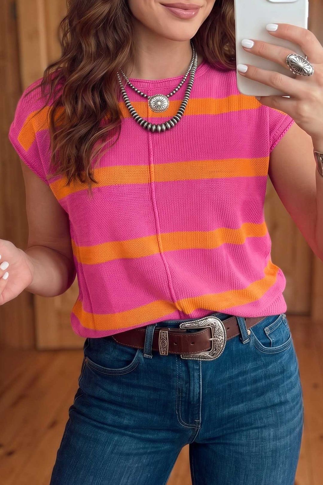 Brown Stripe Knit Western Short Sleeve Sweater