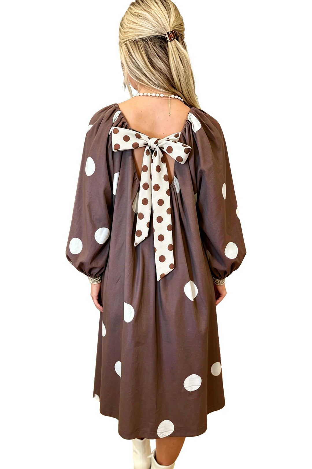 Brown Polka Dot Contrast Bow Knot Back Long Sleeve Midi Dress