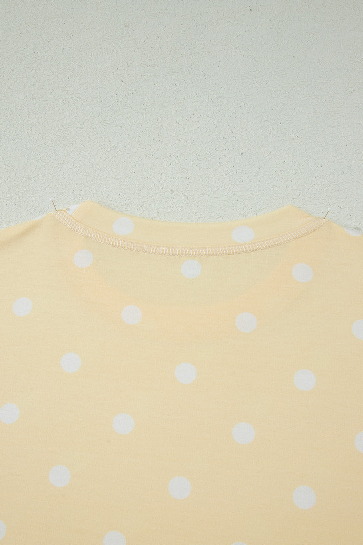 Yellow Exposed Seam Detail Polka Dot Loose Tee Drawstring Shorts Set