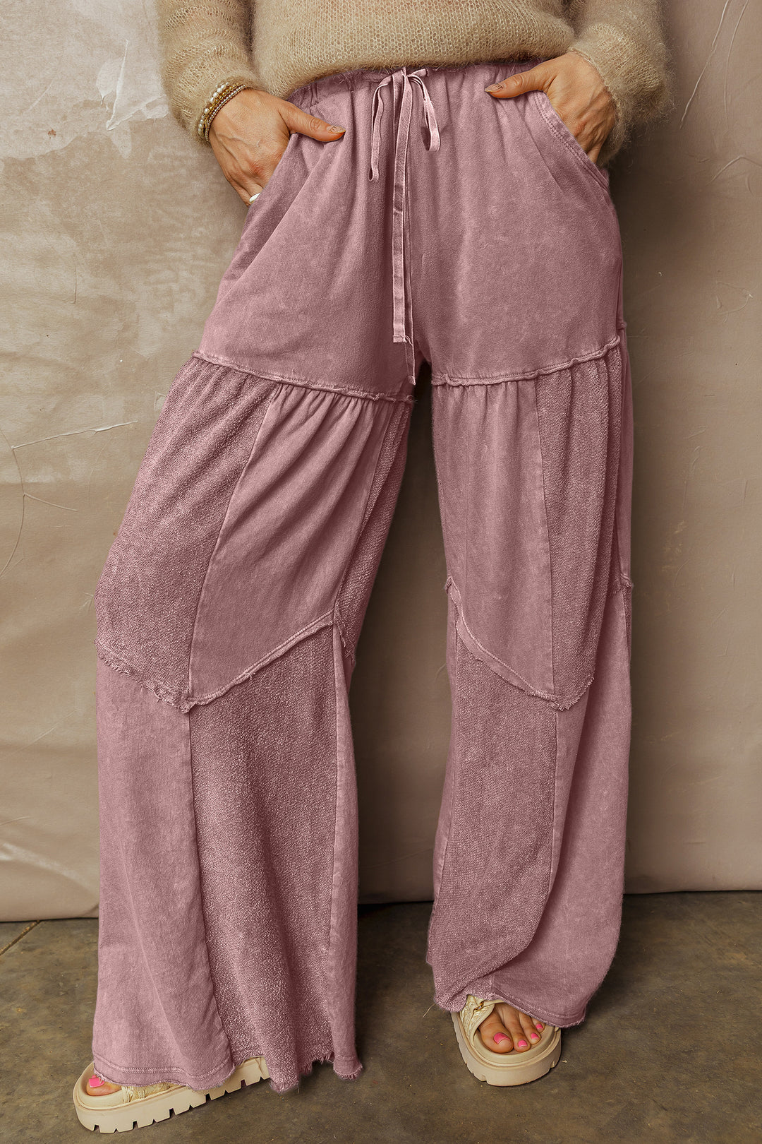 Careys Mineral Wash Tiered Wide Leg Patchwork Drawstring Pants