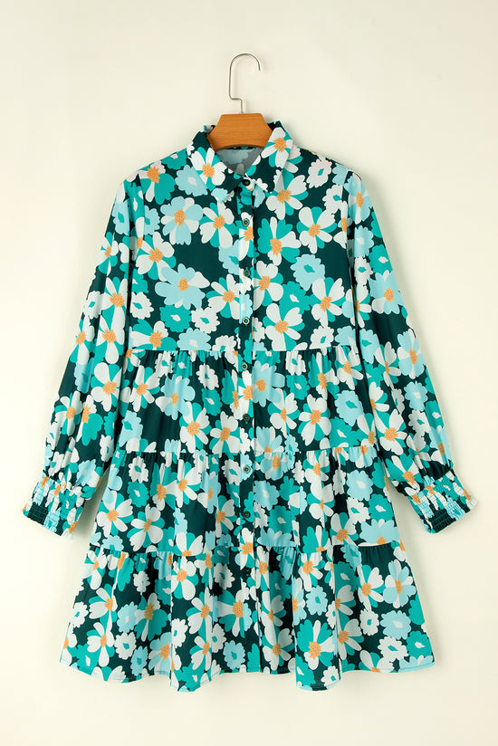 Green Floral Tiered Long Puff Sleeve Shirt Dress