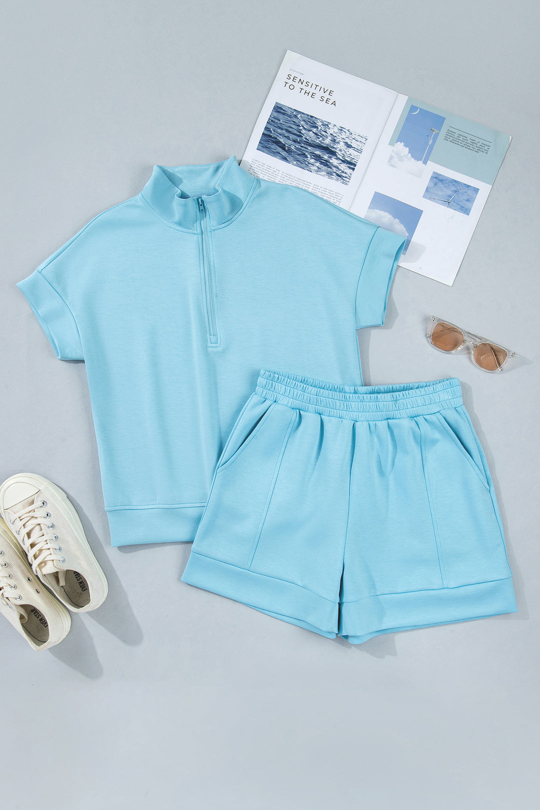 Myosotis Half Zip High Neck Tee Athleisure Short Set
