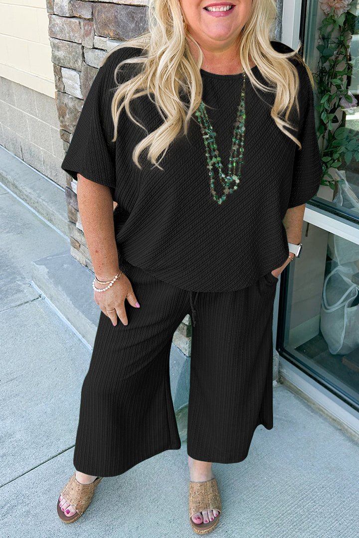 Black Textured Batwing Sleeve Tee Wide Leg Pants Plus Size Set