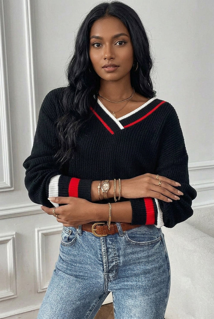 Black Contrast Striped Trim V Neck Drop Shoulder Sweater