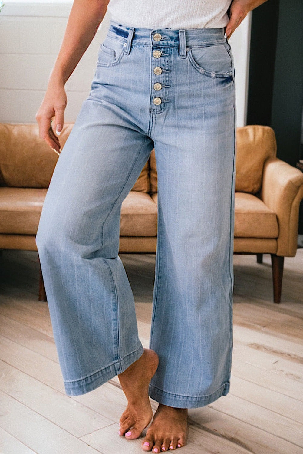 Beau Blue Multi Buttons Pinstripe Wide Leg Jeans