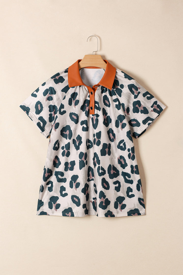 Casual Unique Leopard Print Button Contrast Collared Short Sleeve Blouse