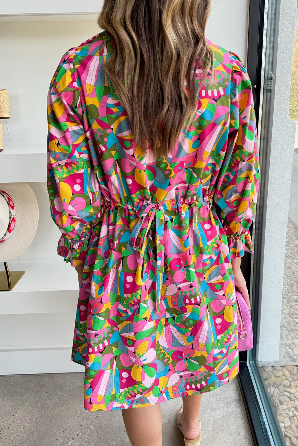 Pink Abstract Printed Lantern Sleeve Buttoned Mini Dress