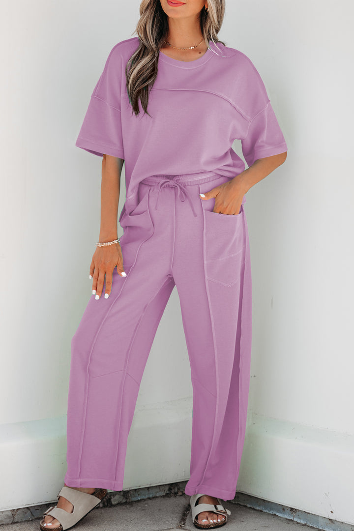 Rose Red Drop Shoulder Boxy Tee and Barrel Pants Set