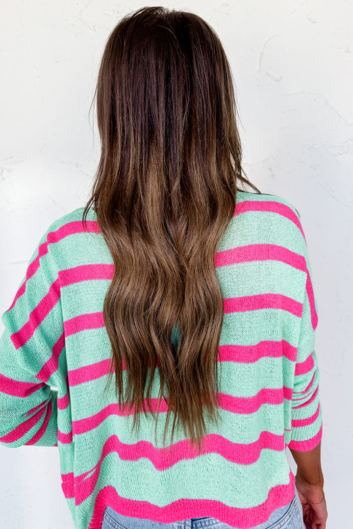 Green Stripe Round Neck Casual Sweater