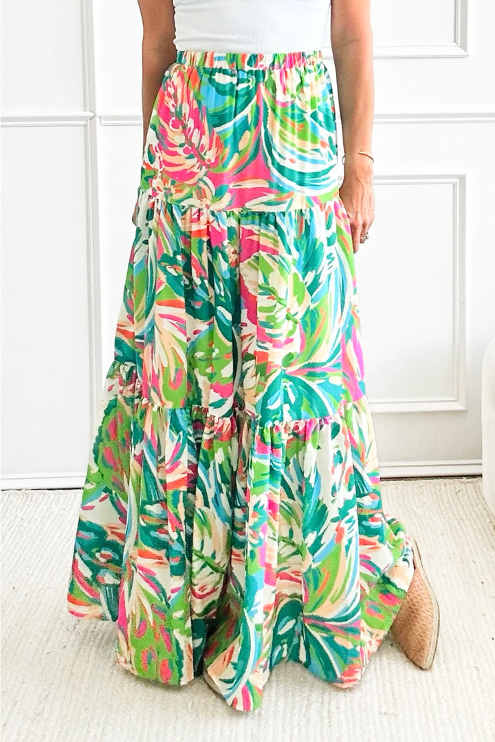 Green Abstract Printed High Waist Tiered Maxi Skirt | Women