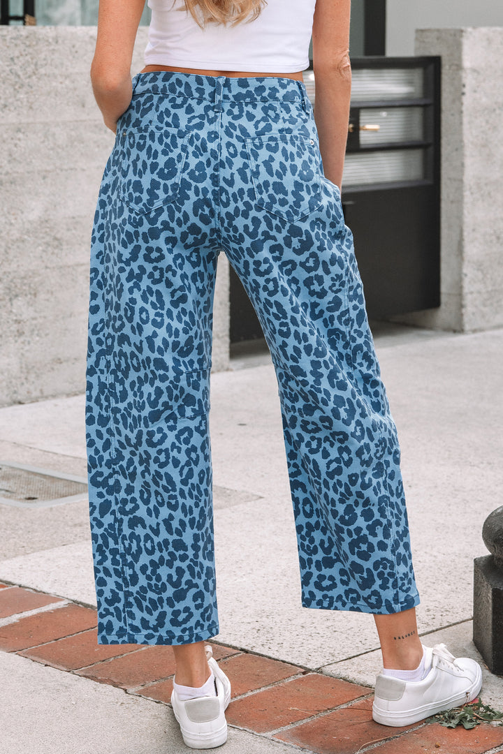 Sky Blue Leopard Print Barrel Leg Jeans