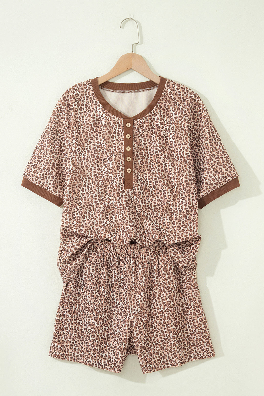 Brown Leopard Print Ribbed Patchwork Half Button Loose Tee Elastic Waist Short 2pcs Set