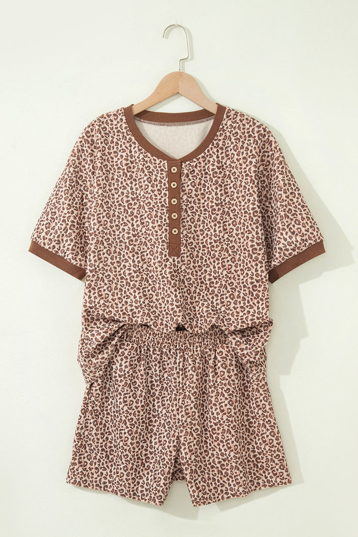Brown Leopard Print Ribbed Patchwork Half Button Loose Tee Elastic Waist Short 2pcs Set