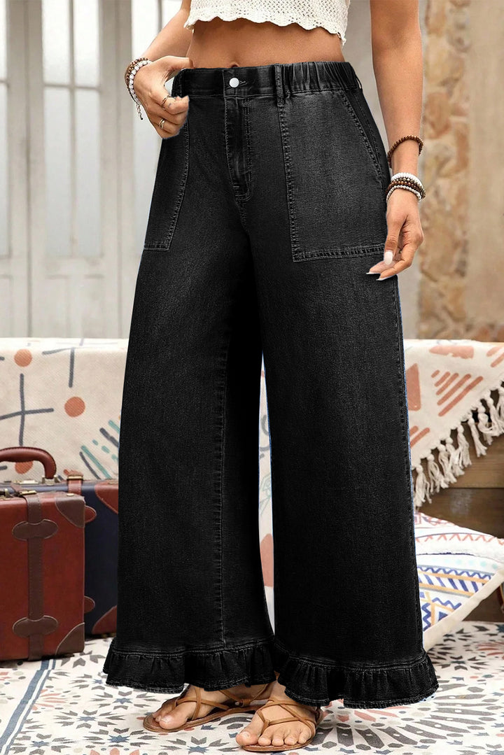 Black Plus Size Elastic Waist Ruffled Wide Leg Denim Pants
