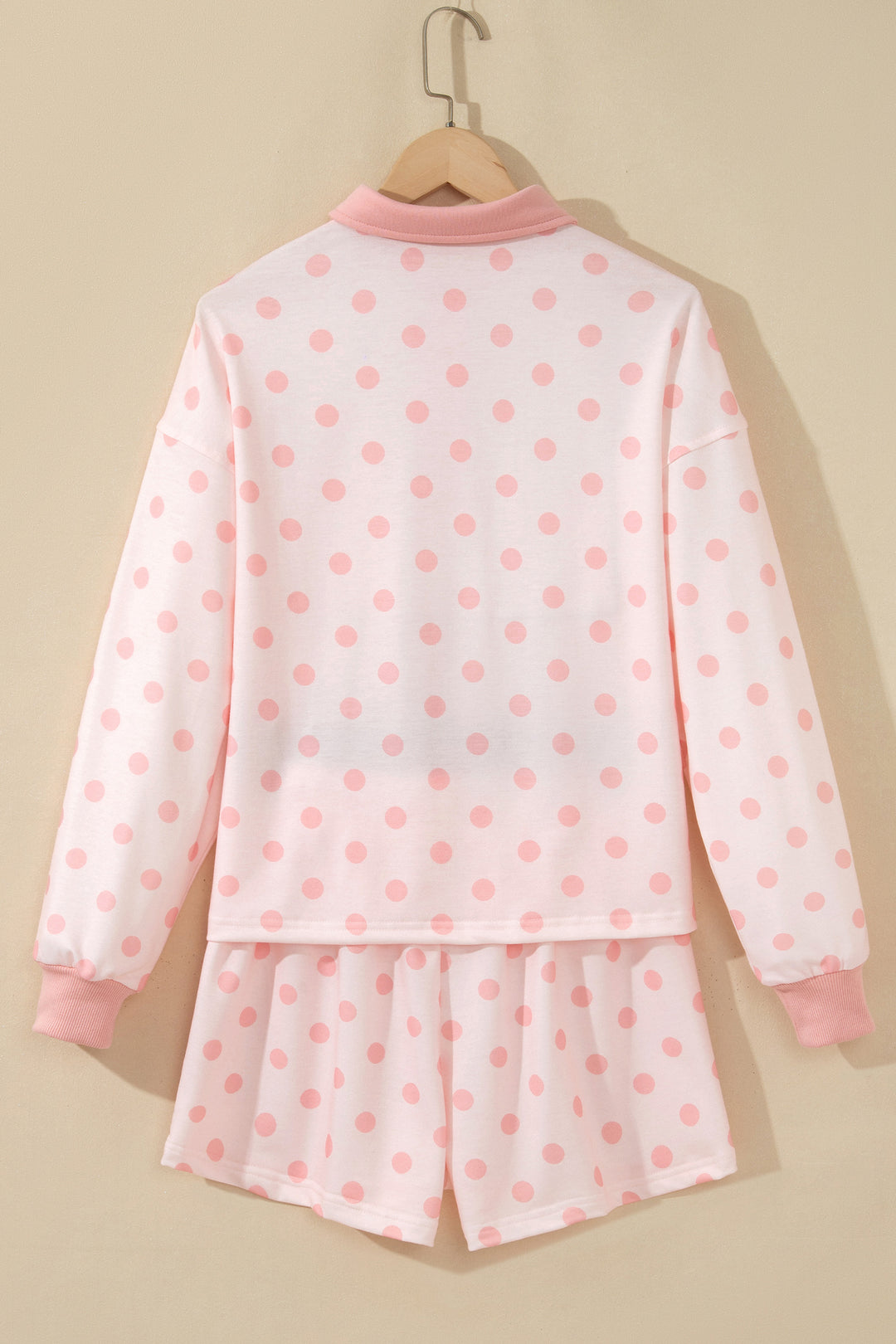 Pink Polka Dot Drop Shoulder Polo Loose Pullover Patch Pocket Casual Shorts Set
