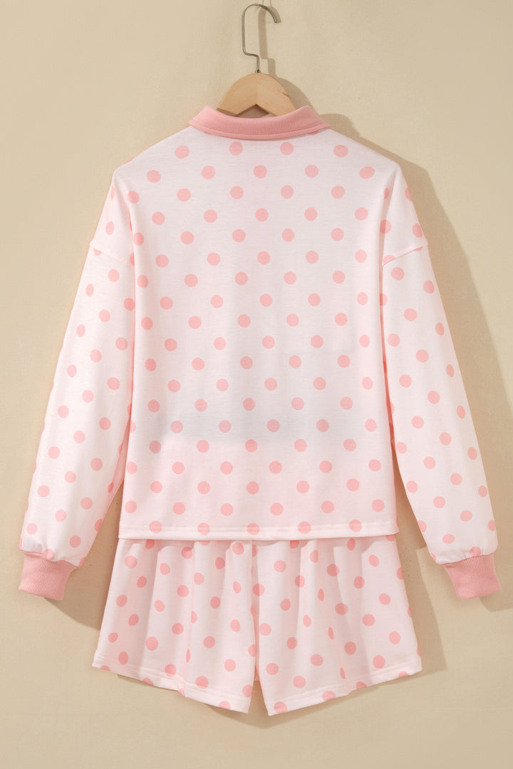 Pink Polka Dot Drop Shoulder Polo Loose Pullover Patch Pocket Casual Shorts Set