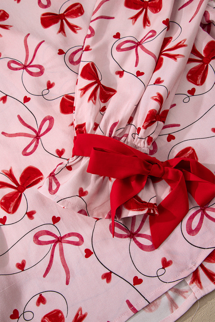 Red Bow Print Valentine Long Sleeve Shirt Shorts 2 Pcs Pajama Set